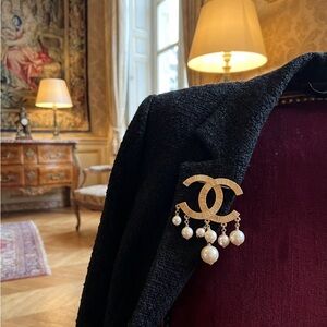 Chanel 11P Champagne Gold CC and Pearl Drop Dangling Brooch